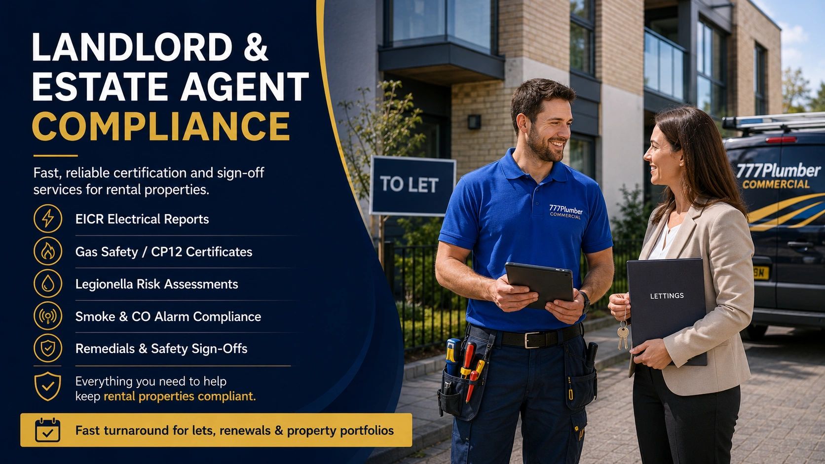 Plumber and estate agent discussing rental property compliance services outdoors.