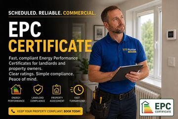 Plumber holding a clipboard promoting EPC certificates for landlords and property owners.