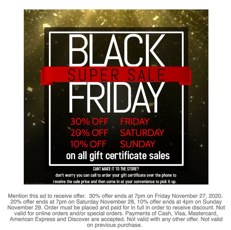 Black Friday super sale with up to 30% off gift certificates.