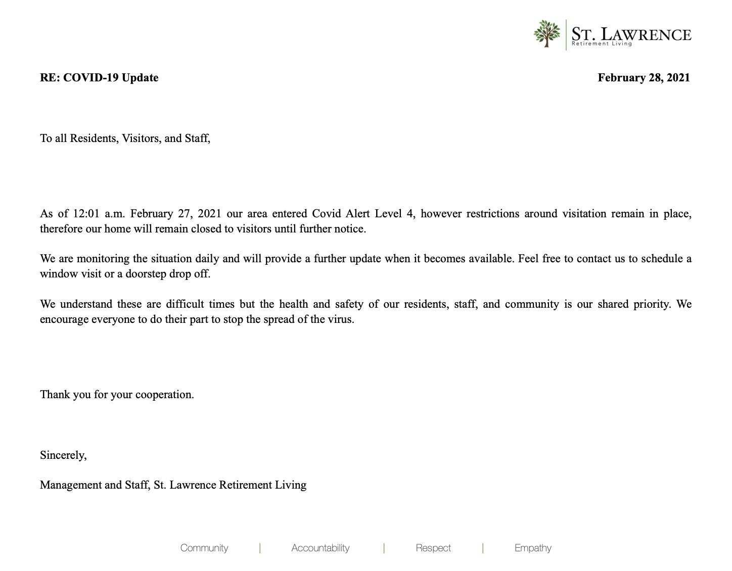 St Lawrence Retirement Living COVID Update