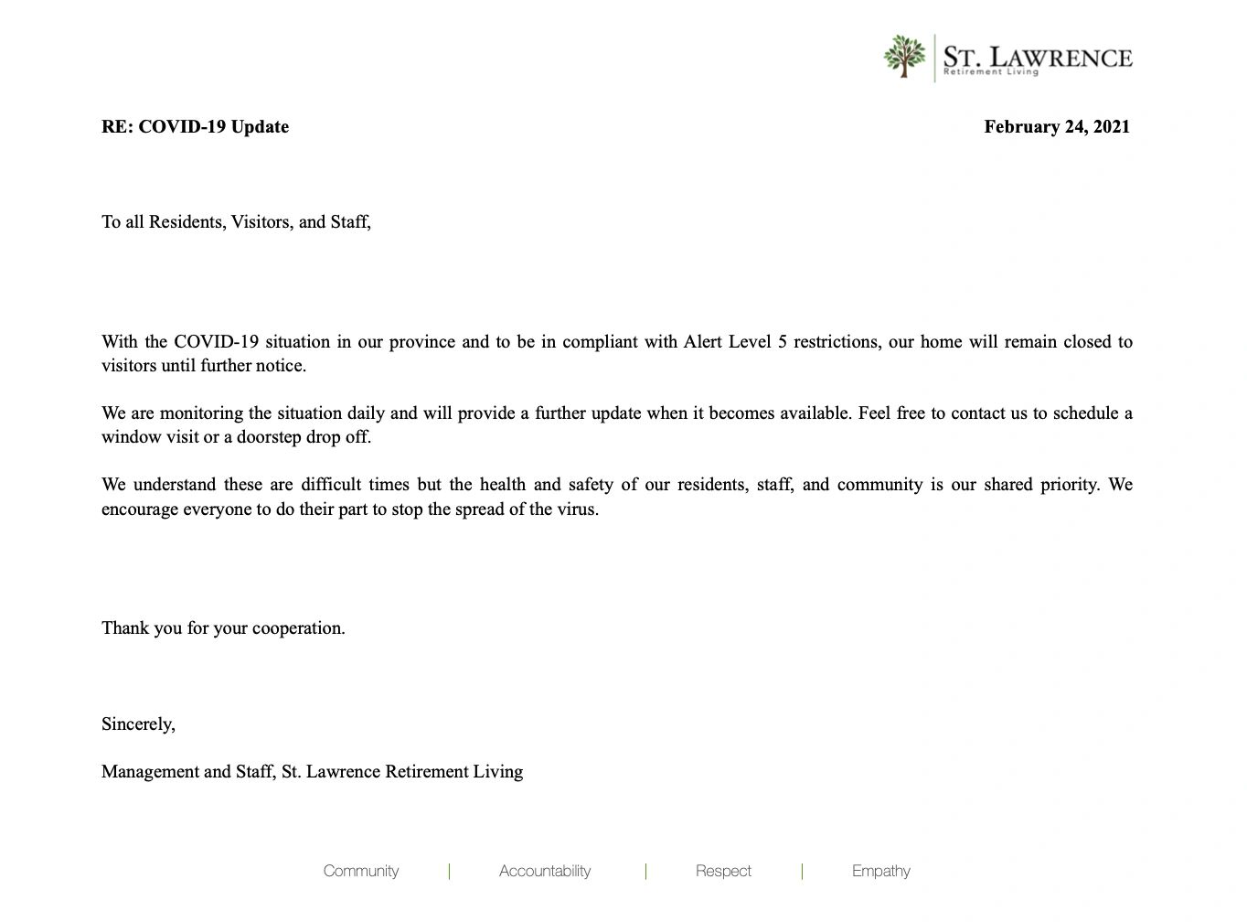 St Lawrence Retirement Living COVID Update