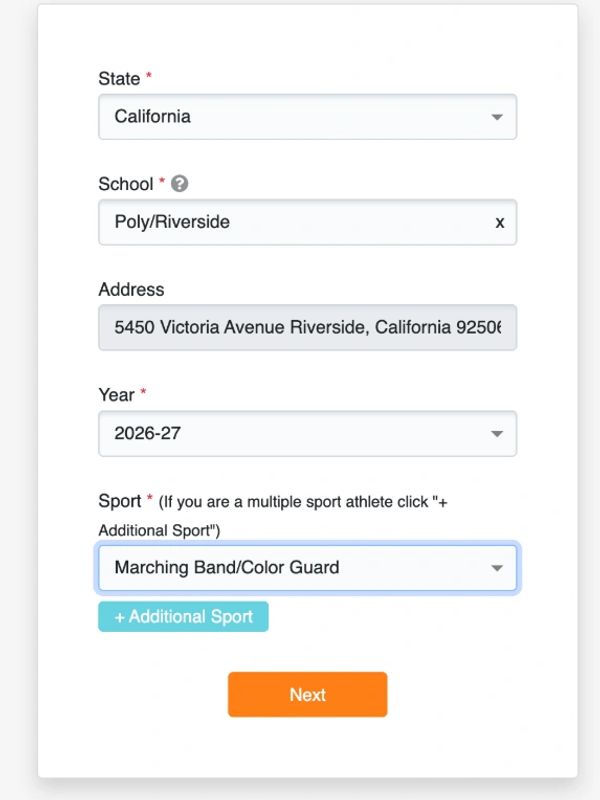 Setup form for school sports clearance selecting California, Poly/Riverside, 2026-27, Marching Band/Color Guard.