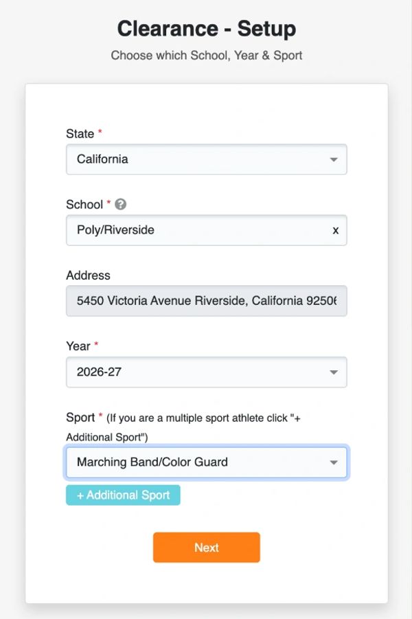 Setup form for school sports clearance selecting California, Poly/Riverside, 2026-27, Marching Band/Color Guard.