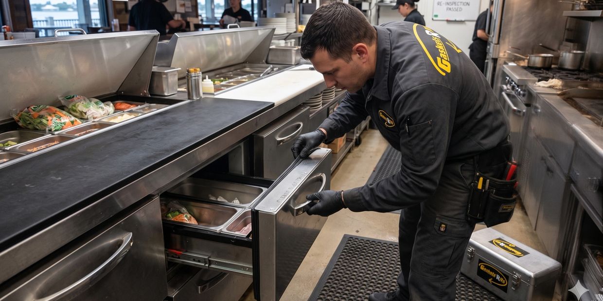 A professional technician in a Gaskets R Us uniform installs a new refrigeration gasket on a commerc
