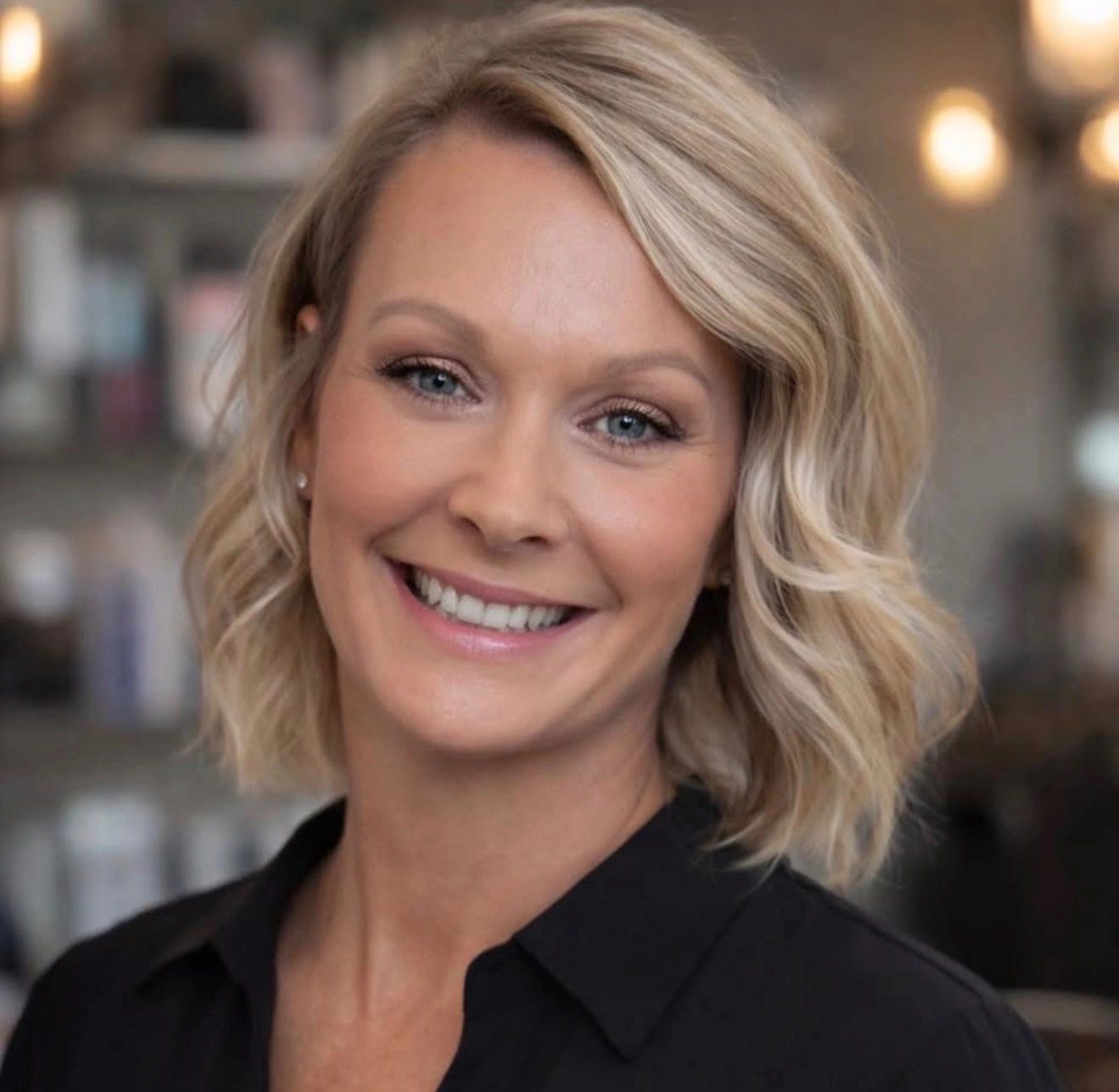 Smiling woman with blonde hair and blue eyes in a cozy indoor setting.