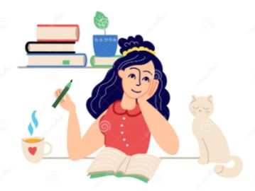 A woman studying with a cat nearby.
