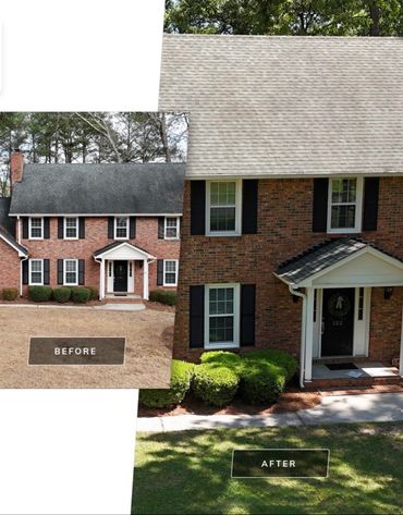 Before and after image of a brick house with updated landscaping and roof.