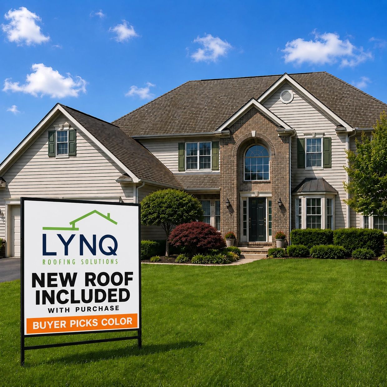 A house with a sign advertising new roof included with purchase.
