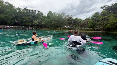 People kayaking in clear water surrounded by lush greenery under a cloudy sky.