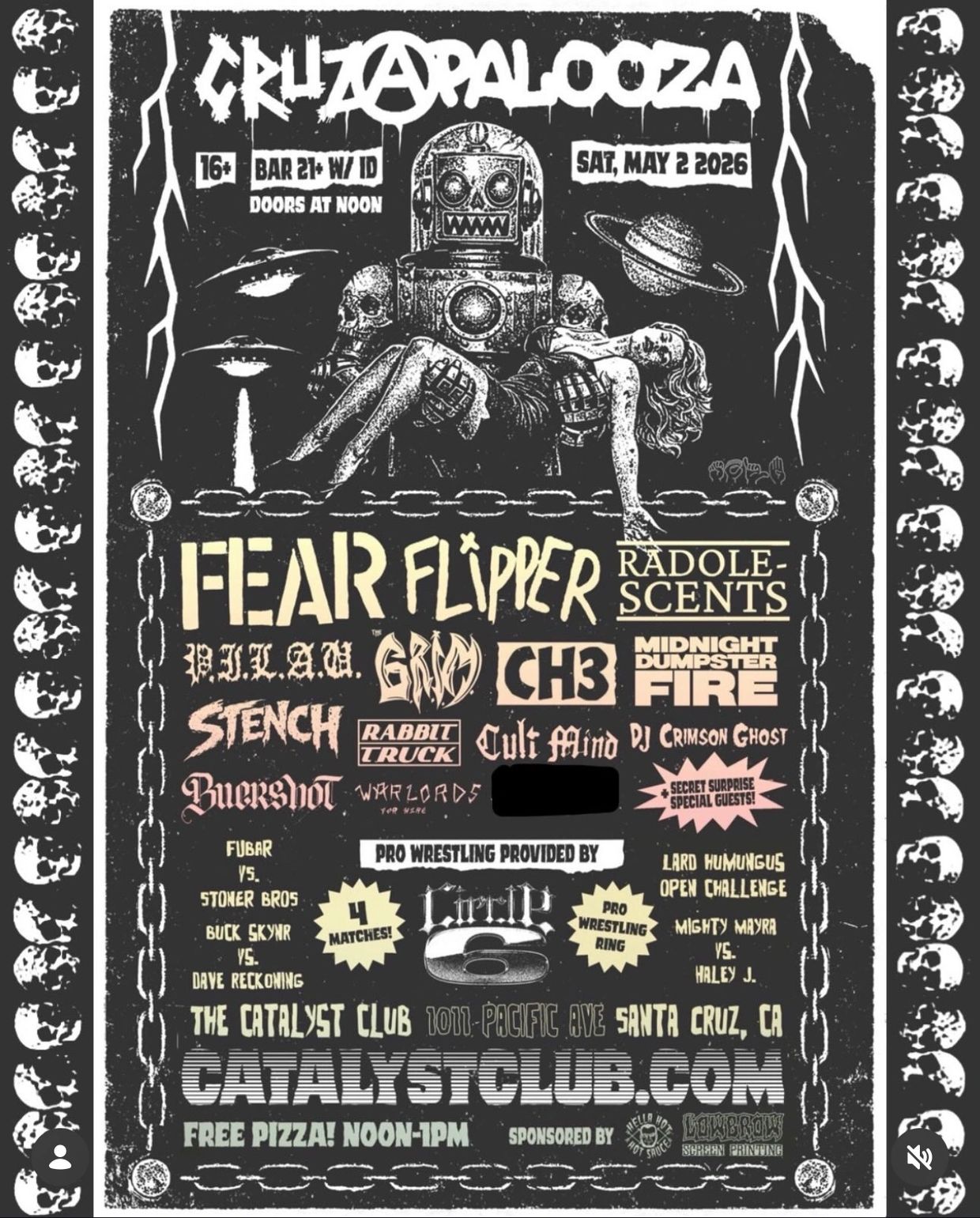 CruzaPalooza music and wrestling event poster in Santa Cruz, May 2, 2026.