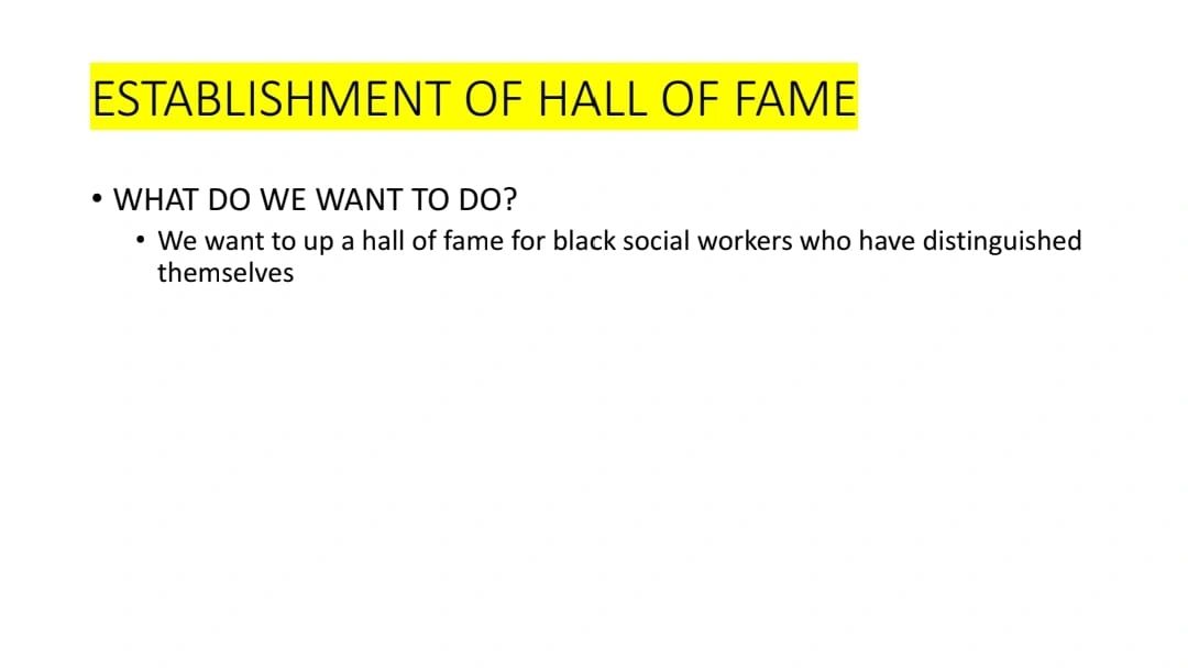 Plan to establish a hall of fame for distinguished black social workers.