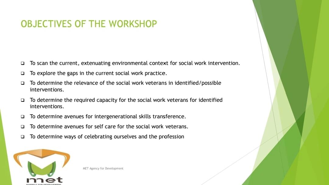 Workshop objectives on social work interventions and veterans.