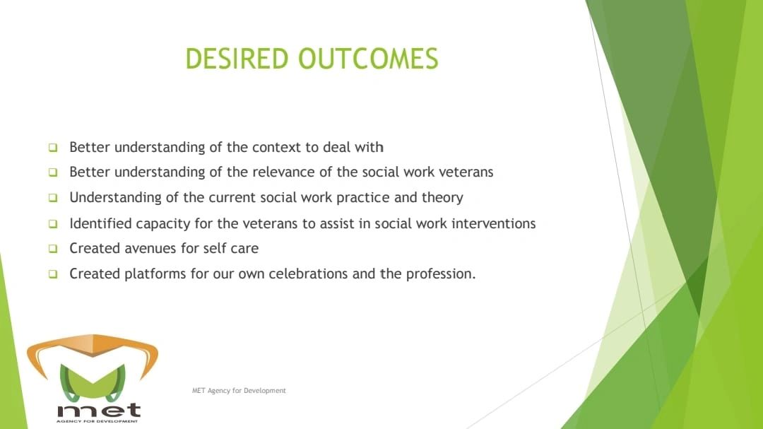 List of desired outcomes for social work veterans and their context.