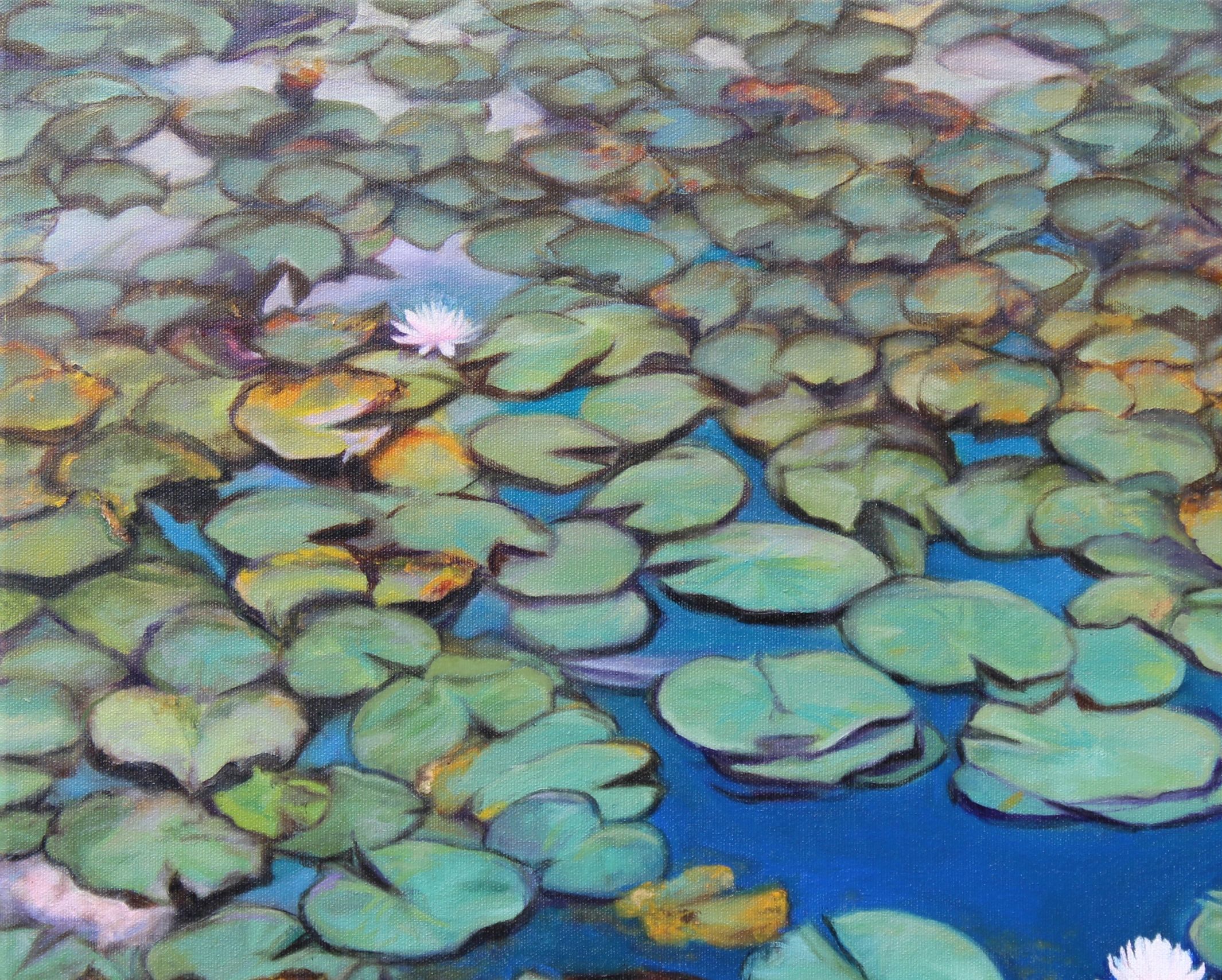 Lily pads and flowers stretch across a pond