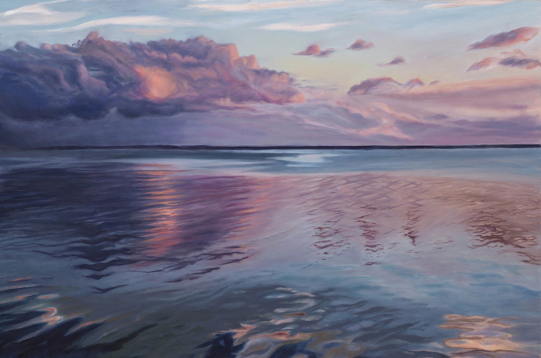 A study in colors--pinks, blues and purples. Clouds reflecting on rippling waters