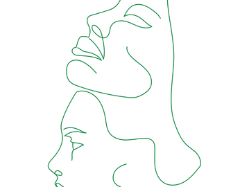 Abstract line art of two faces merging.