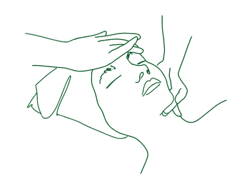 Minimalist green line art of a resting woman with hand on forehead.