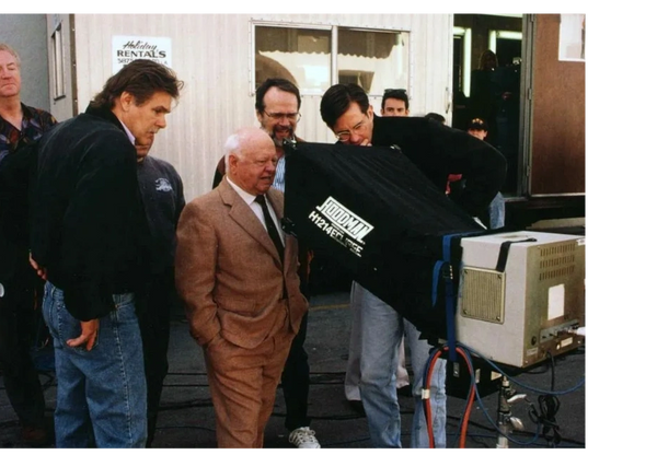 On set of That's Entertainment! III with (L - R) Mike Sheridan, Mickey Rooney, Bud Friedgen and Pete