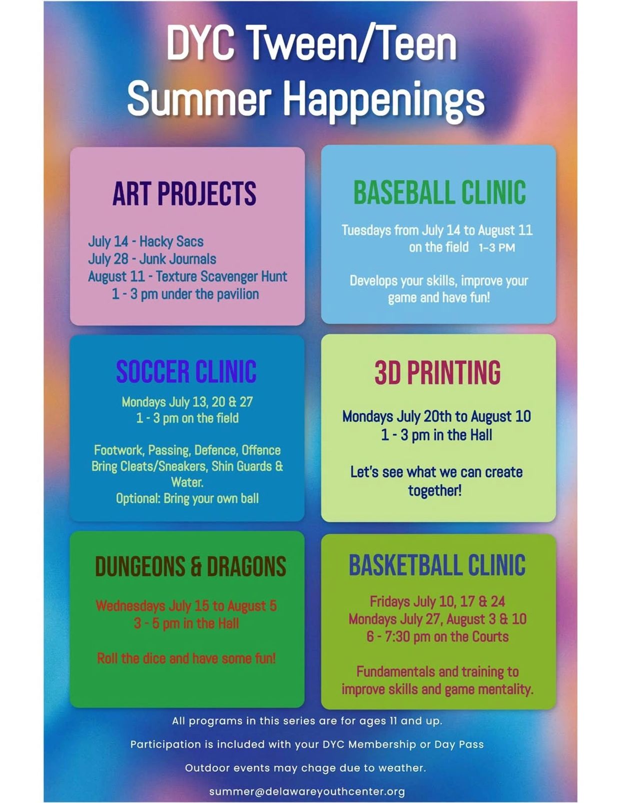 DYC Tween/Teen summer activities including sports and art projects.