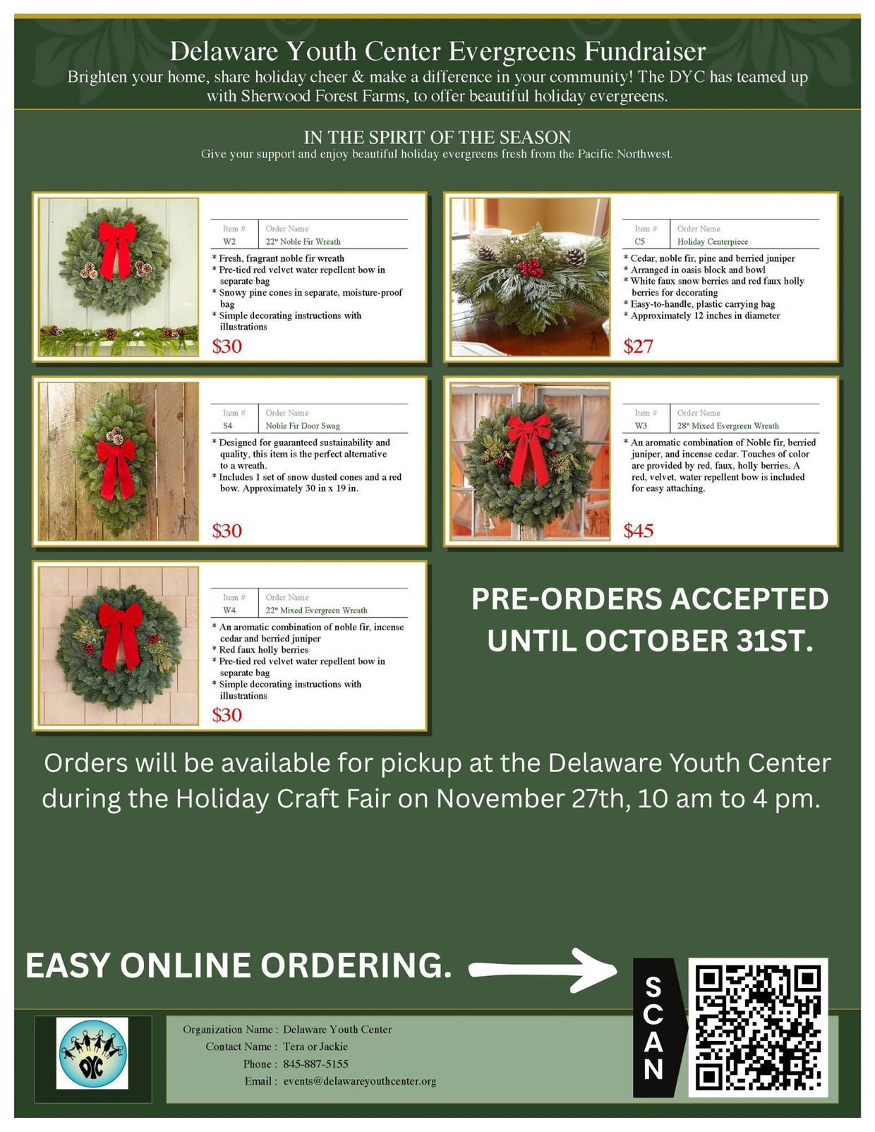Delaware Youth Center fundraiser for holiday evergreen wreaths and centerpieces.