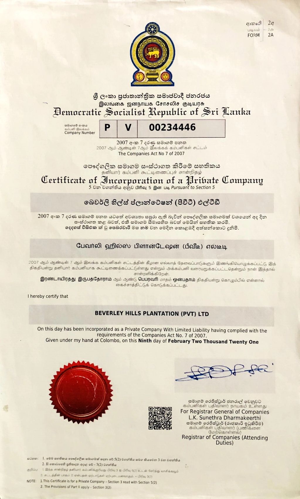 Certificate of Business Registration