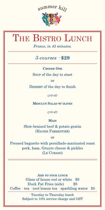 Lunch menu offering 3-course Bistro lunch for $29.