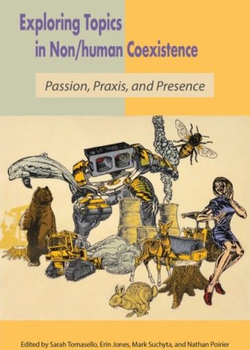 Book cover featuring animals, machinery, and a woman exploring coexistence themes.
