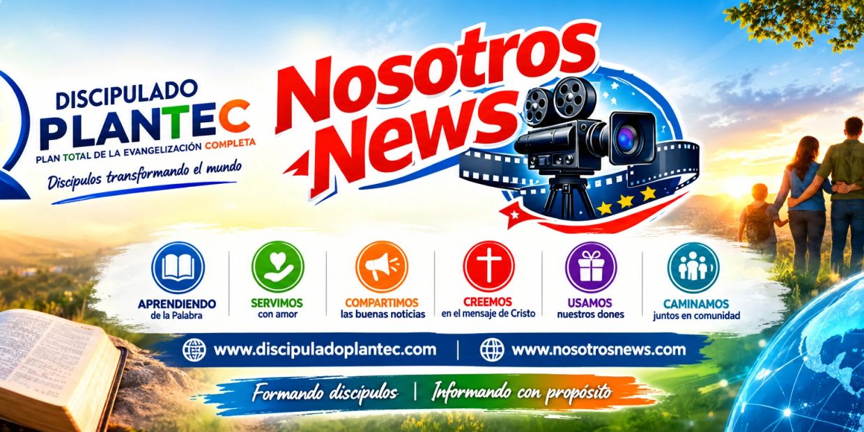 Publicidad de Discipulado Plantec y Nosotros News con iconos y mensajes.