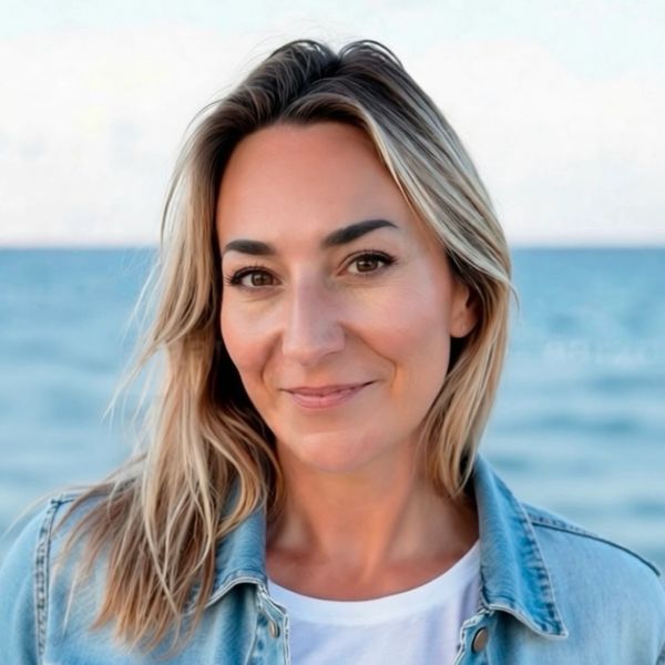 Smiling woman with blonde hair at the beach wearing a denim jacket.