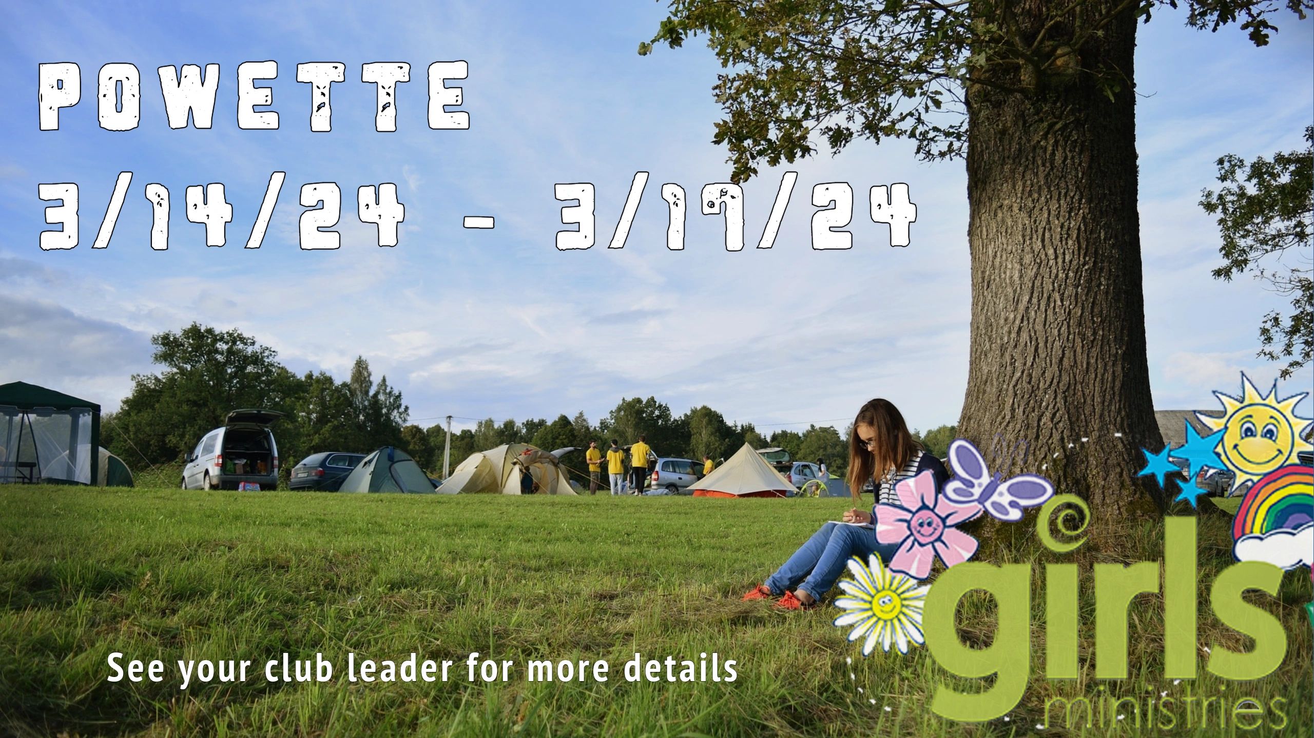 Girl Scouts Powette event from March 14 to March 19, 2024, with camping outdoors.