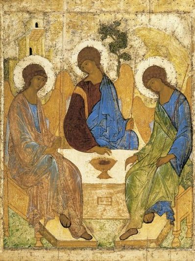 Rublev's Icon of the Holy Trinity. The three persons of the Trinity gaze at each other, sat on a tab