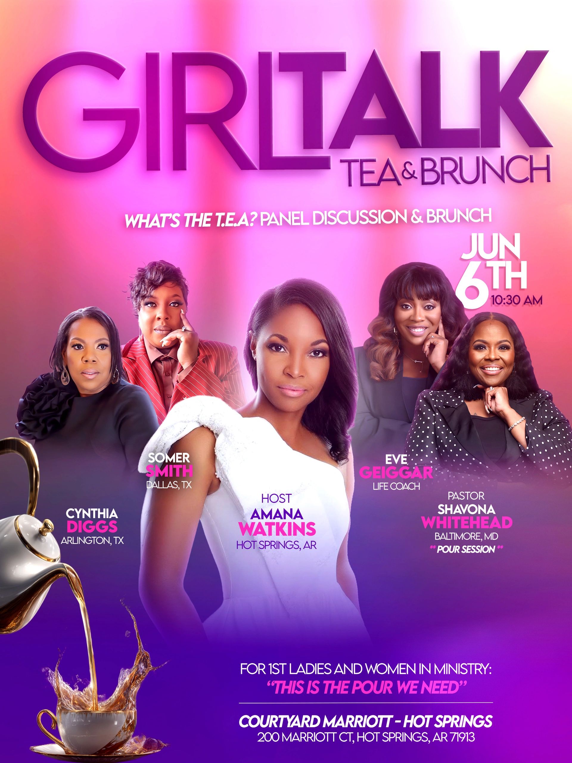 Event poster for Girl Talk Tea &amp; Brunch with panelists and host, June 6th at Courtyard Marriott.