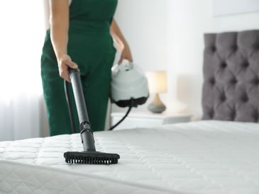 A professional vacuuming a bed mattress