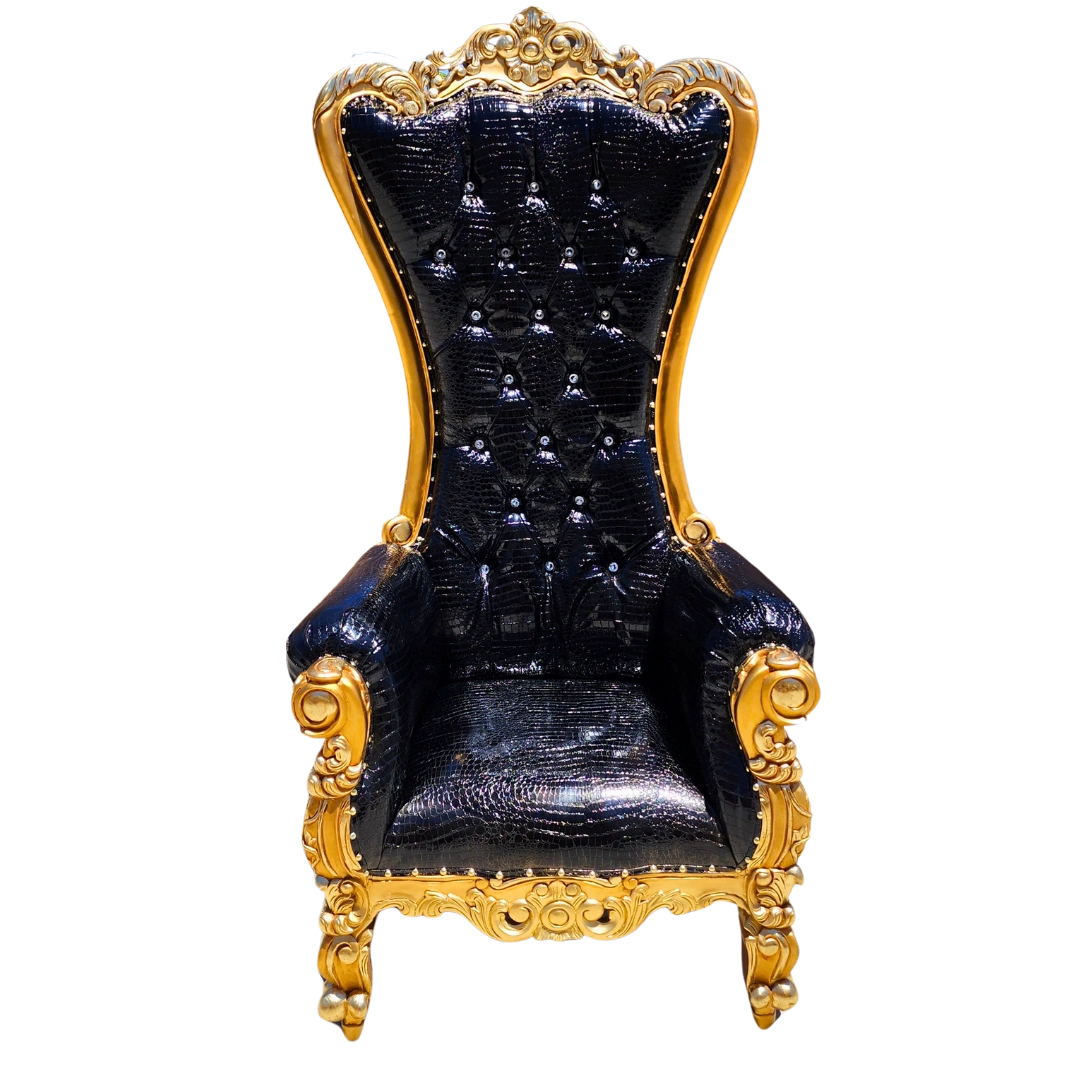 Elegant black and gold high-back throne chair with crocodile texture, perfect for luxury events