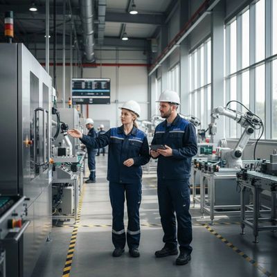 Frontline leader engaging with a colleague on the factory floor.