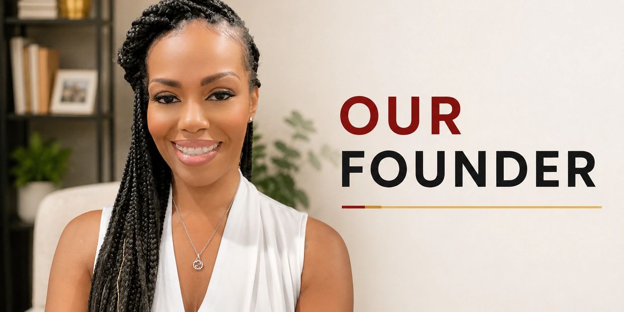 Smiling woman with braids labeled as 'Our Founder' in professional setting.