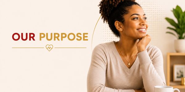 Smiling woman beside the text 'Our Purpose' with a warm, inviting background.