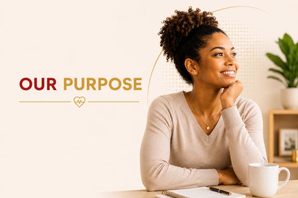 Smiling woman beside the text 'Our Purpose' with a warm, inviting background.
