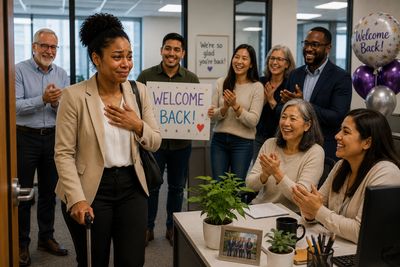 A woman is warmly welcomed back by her colleagues in an office setting.