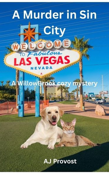 Book cover with Las Vegas sign, dog, and cat for a cozy mystery novel.