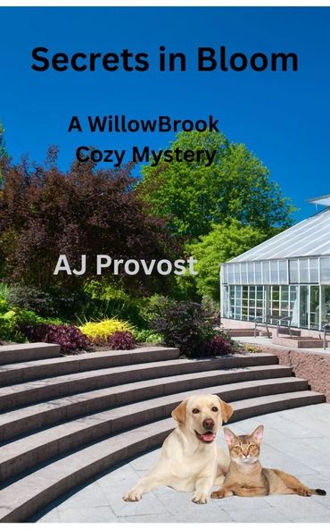 Book cover showing a dog and cat sitting on steps outside a greenhouse.