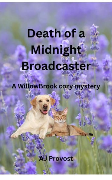 Book cover featuring a dog and a cat in a lavender field for a cozy mystery.