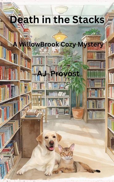 A cozy library scene with a dog and cat, title: Death in the Stacks.