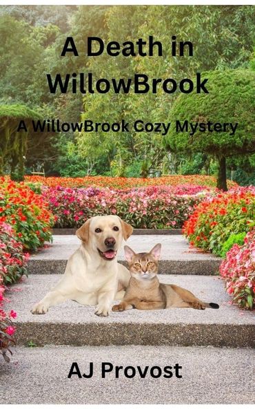 Cozy mystery book cover with a dog and cat in a colorful garden.