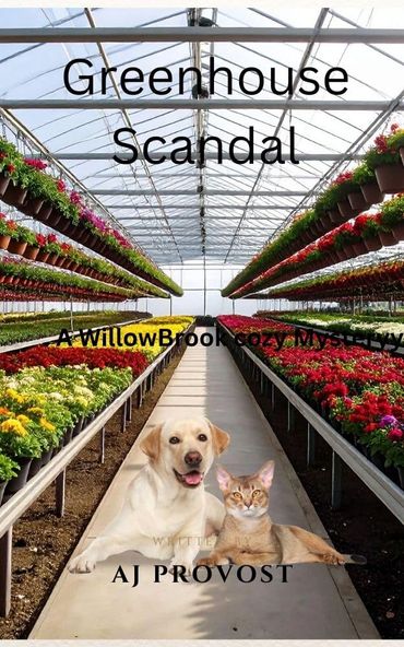 Cozy mystery book cover with a dog and cat in a colorful greenhouse.