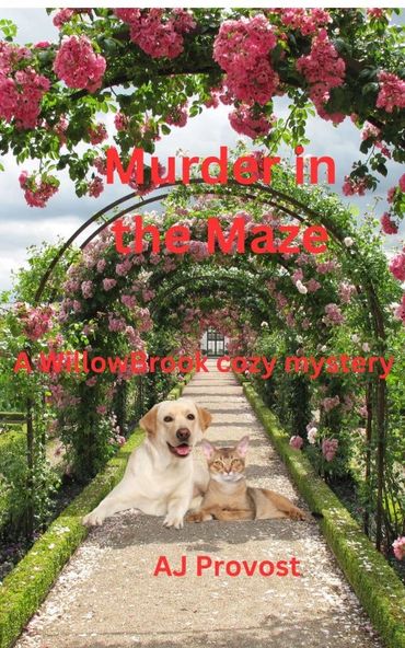 Cover of 'Murder in the Maze' featuring a dog and cat under a floral archway.