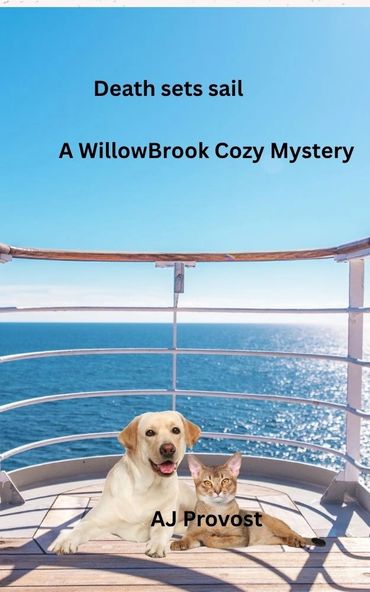 A dog and cat relax on a ship deck with mystery book title above them.