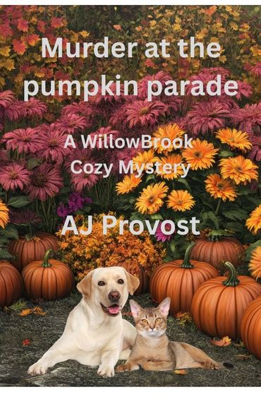 Cozy mystery book cover with a dog, cat, pumpkins, and vibrant flowers in autumn.