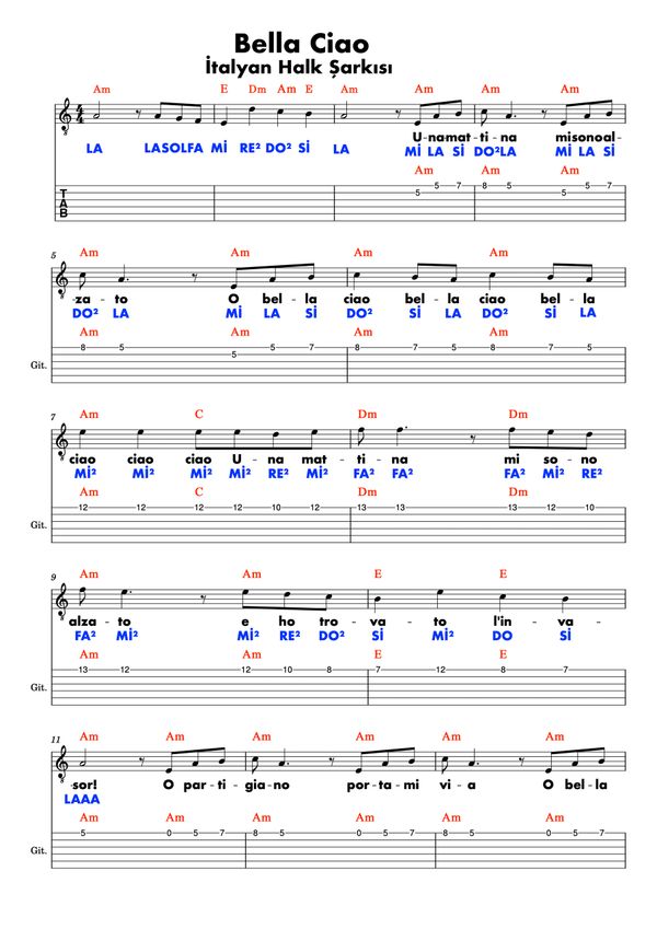 Sheet music for Bella Ciao, an Italian folk song, with notes, chords, and lyrics.