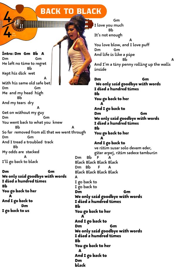 Lyrics and chords for the song 'Back to Black' with an image of a singer.
